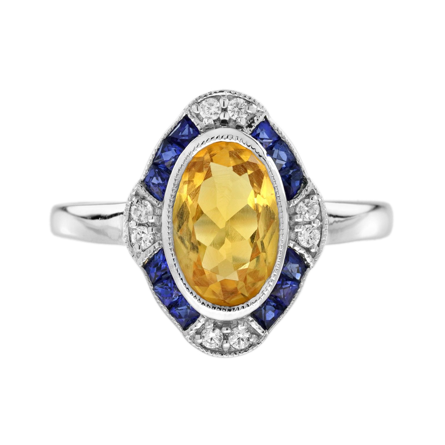 Citrine Blue Sapphire Diamond Art Deco Style Target Ring