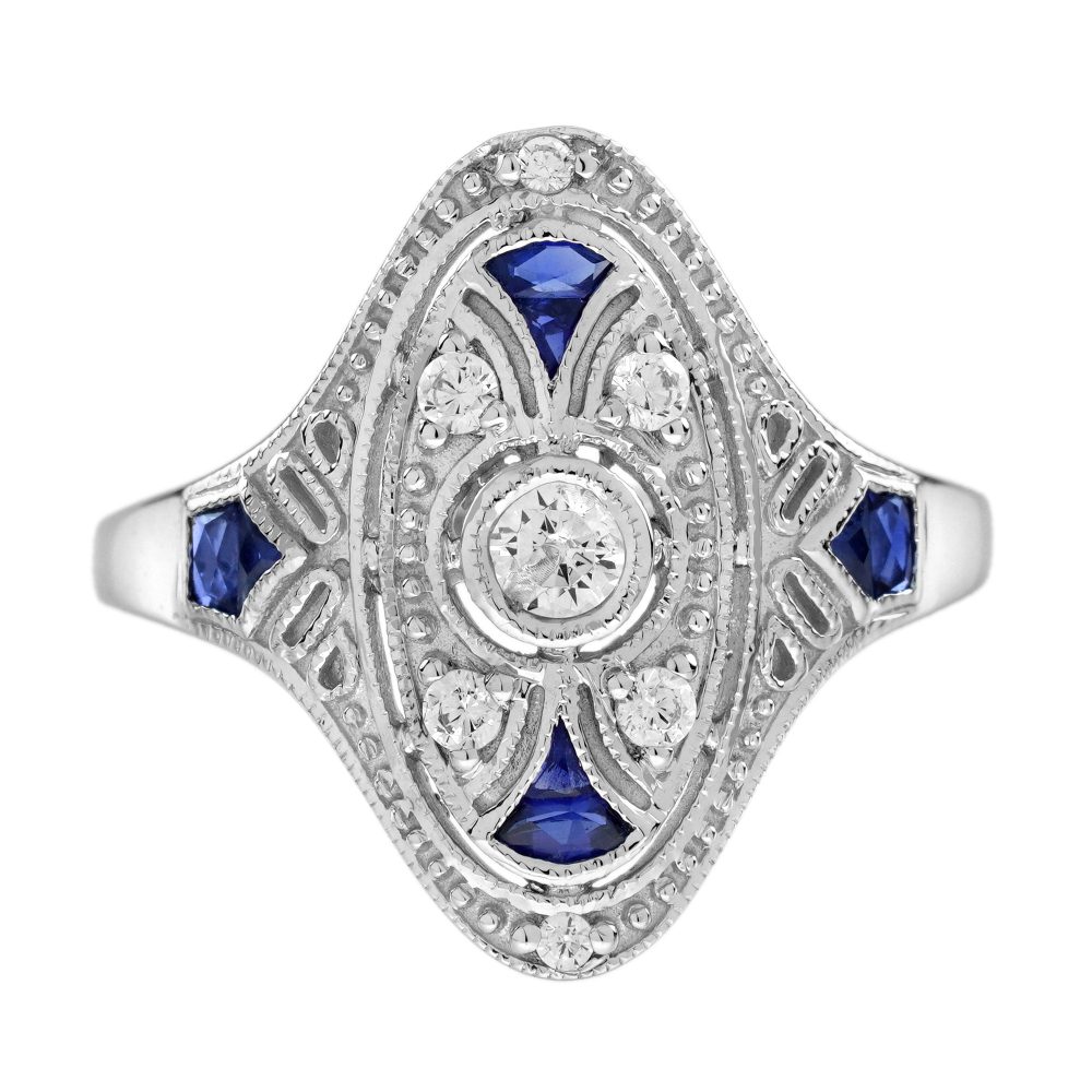 Diamond Blue Sapphire Edwardian Style Cocktail Ring
