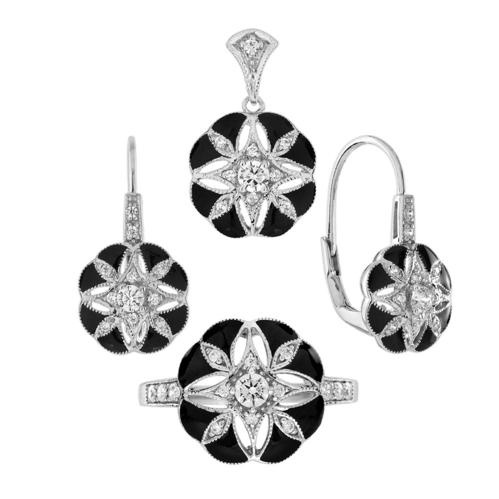 Diamond Enamel Art Deco Style Floral Halo Set
