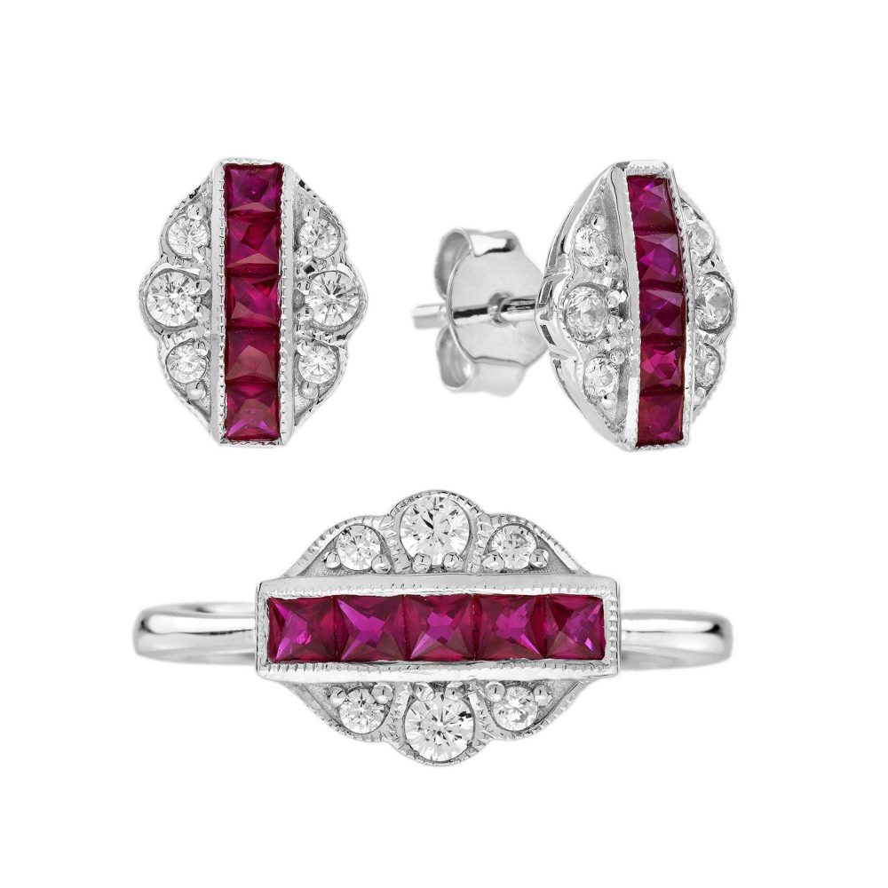 French Cut Ruby Diamond Art Deco Style Jewelry Set