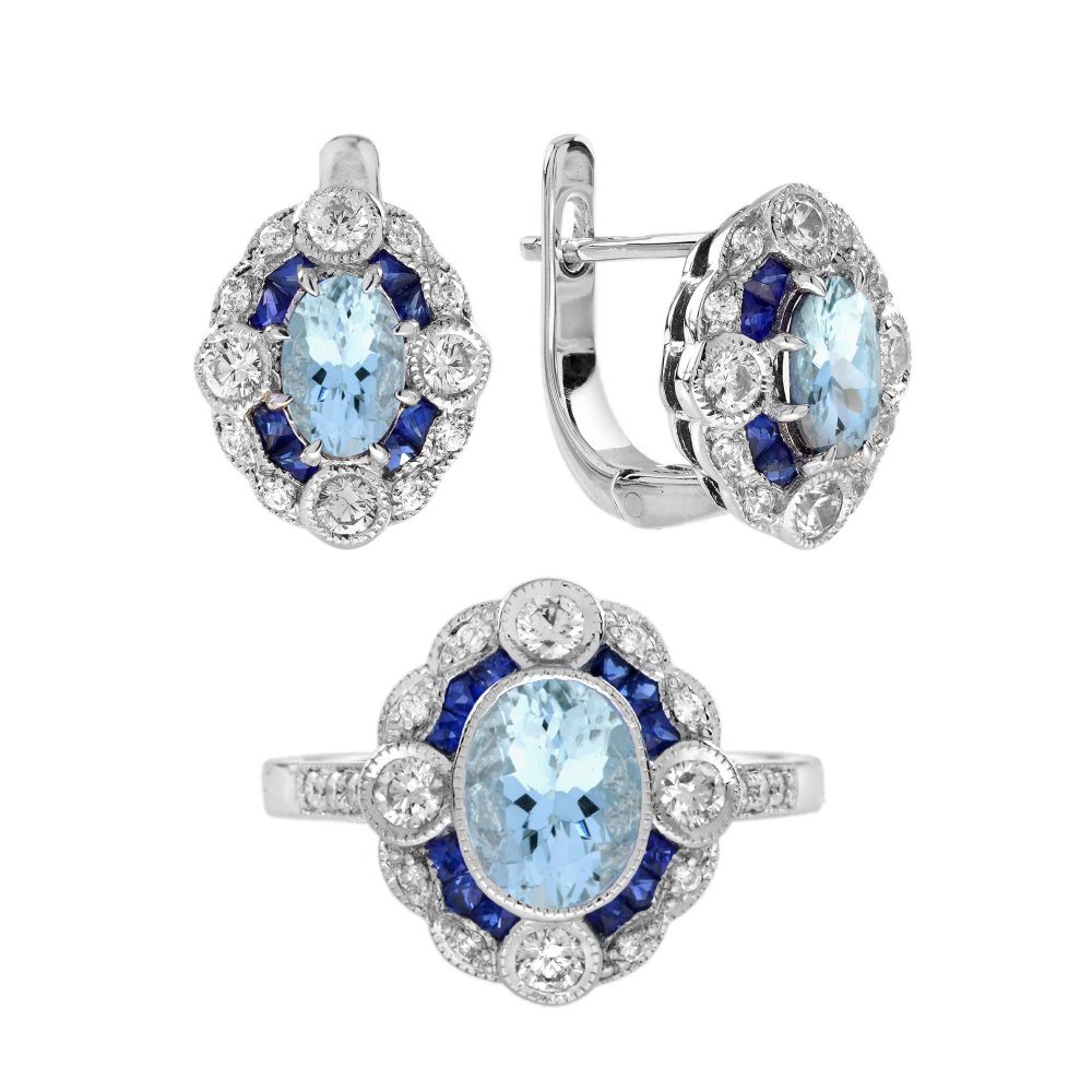 Aquamarine Sapphire Diamond Art Deco Style Jewelry Set