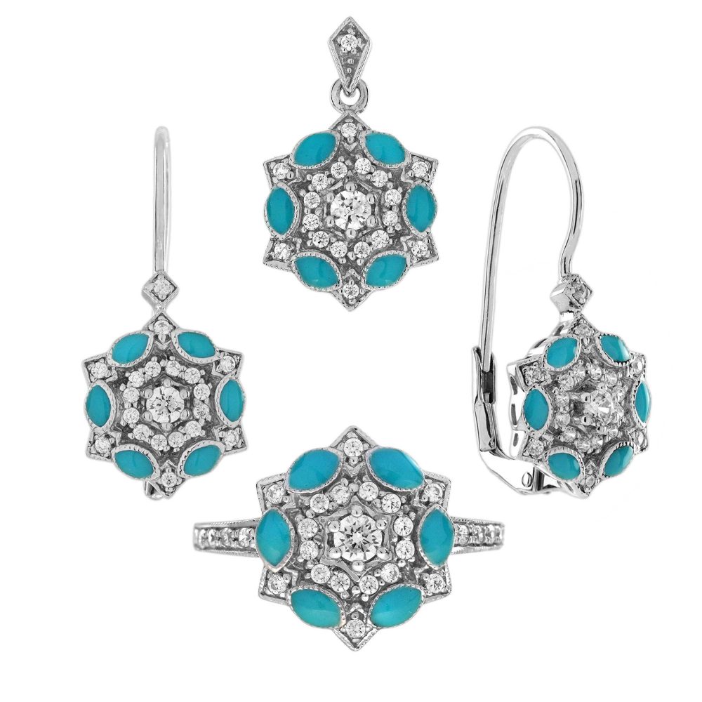 Diamond and Enamel Art Deco Style Floral Halo Set