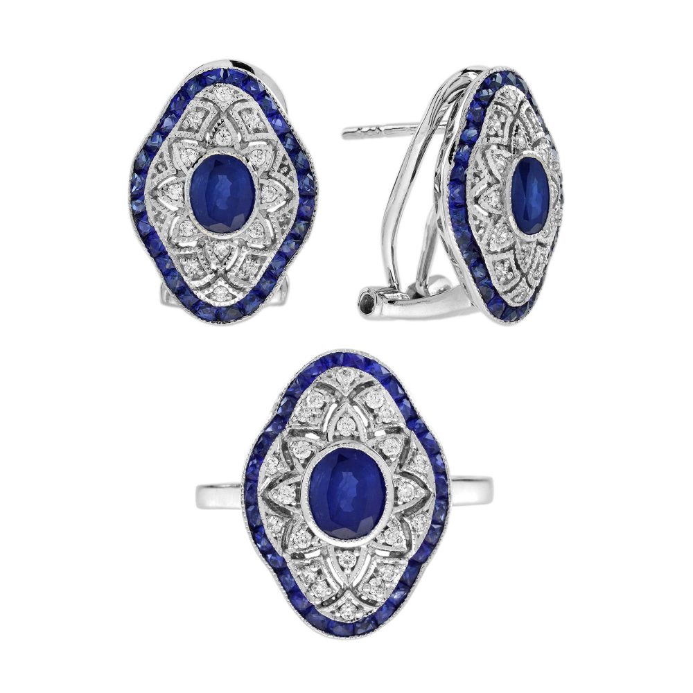 Blue Sapphire Diamond Art Deco Style Openwork Jewelry Set