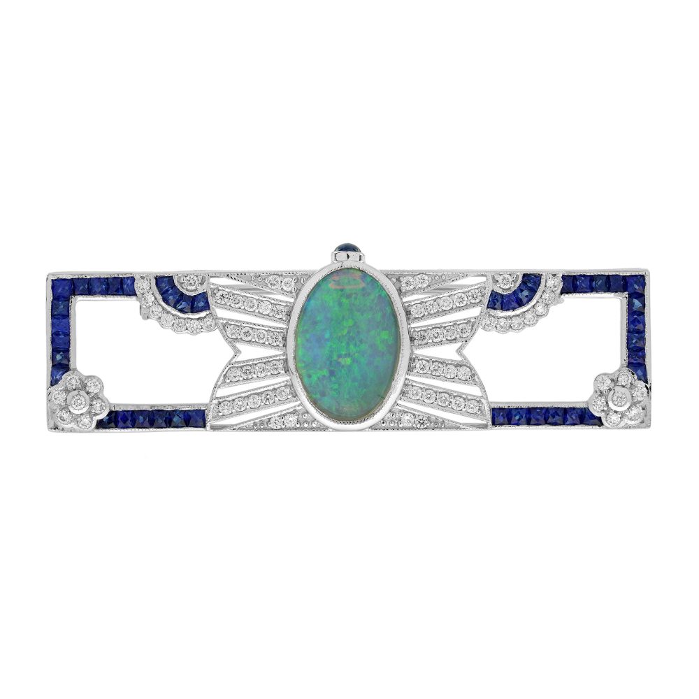 Opal Blue Sapphire and Diamond Art Deco Style Openwork Brooch