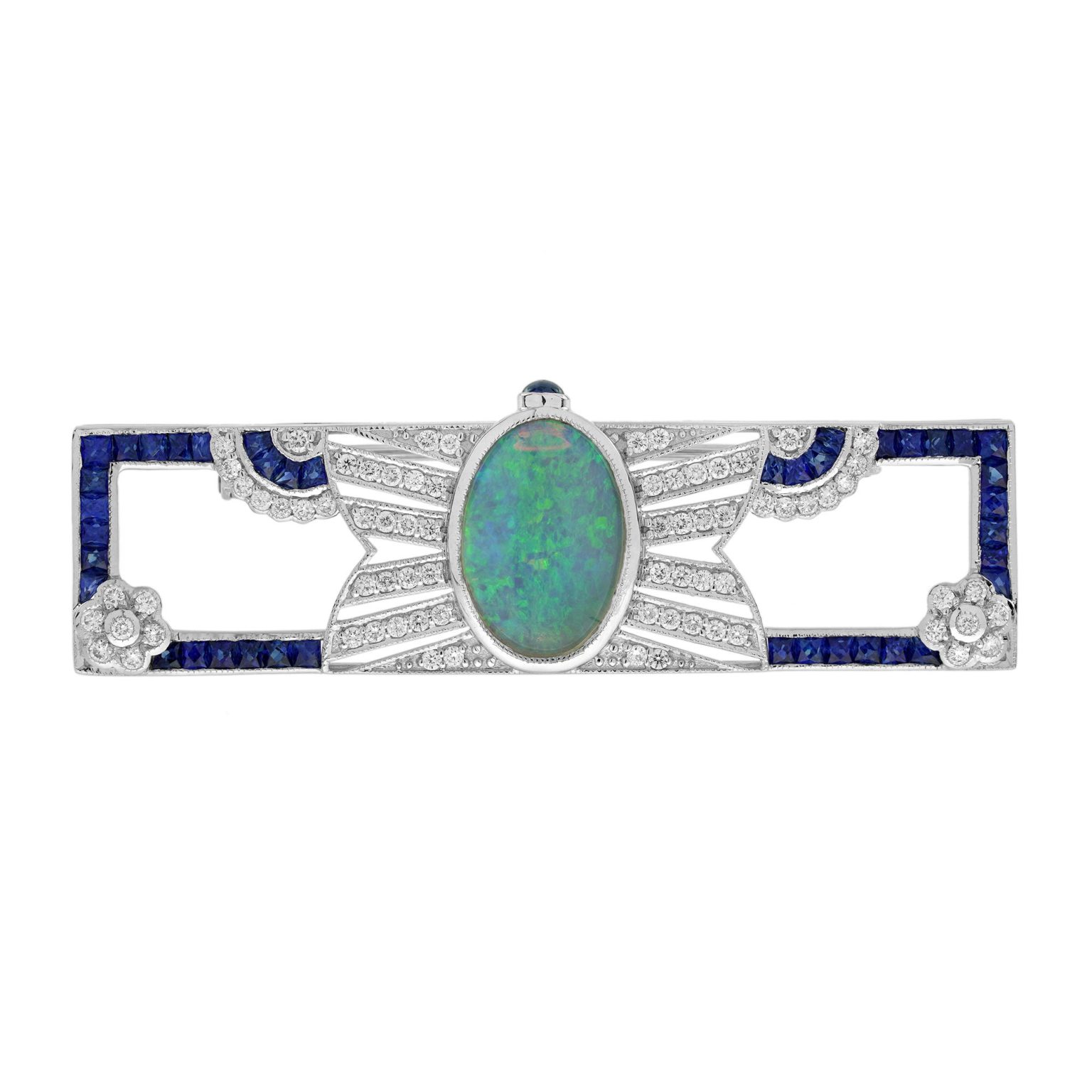 Opal Blue Sapphire and Diamond Art Deco Style Openwork Brooch