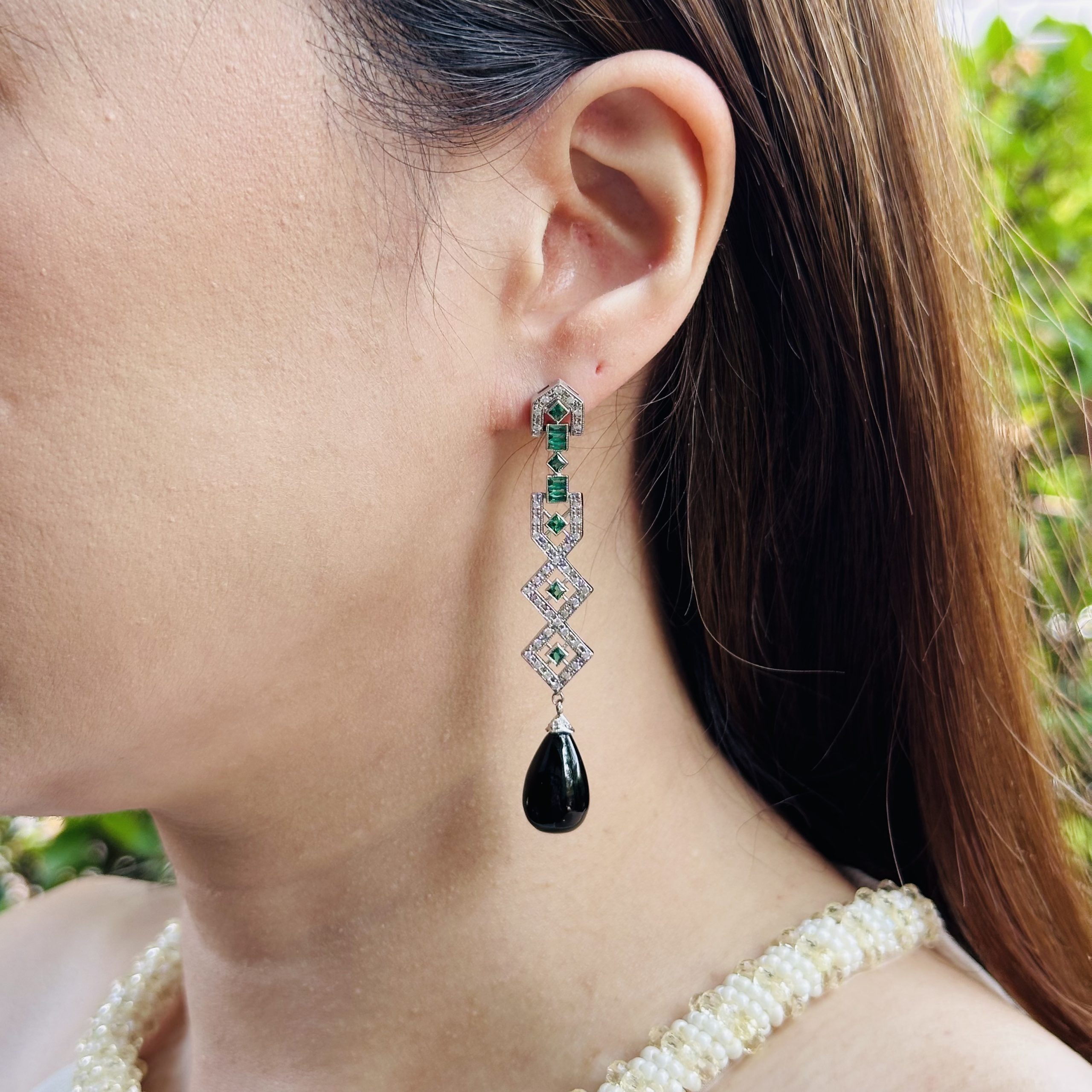 E1264 NE-CZ-OX L2312OB 02 Black Onyx Diamond and Emerald Art Deco Style Drop Earrings