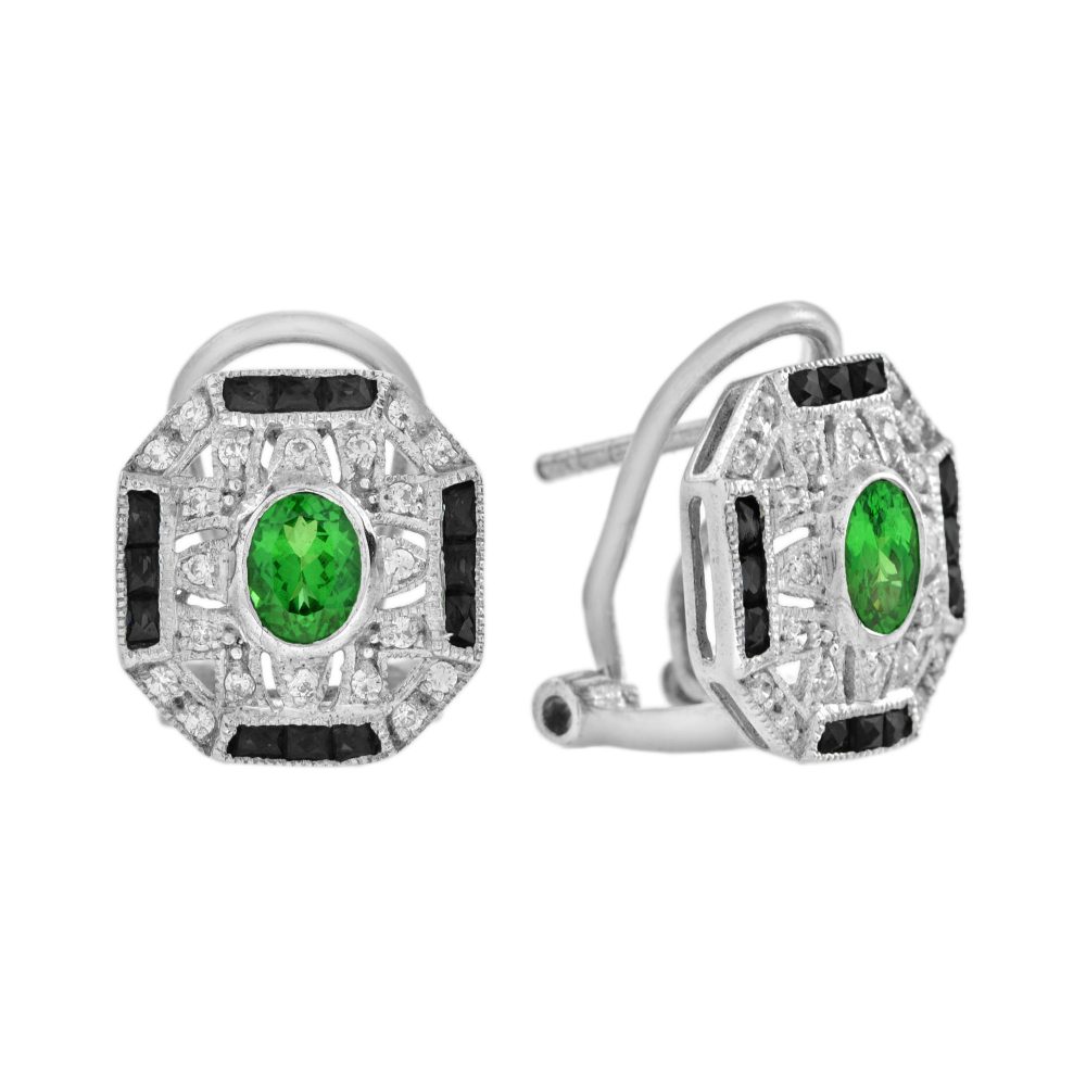 Tsavorite Onyx Diamond Art Deco Style Omega Earrings