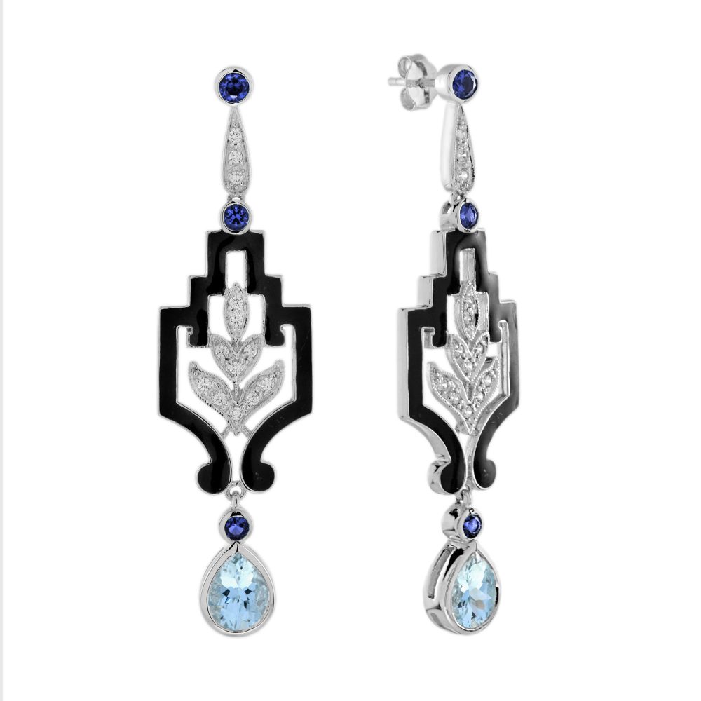 Aquamarine Blue Sapphire and Diamond Antique Style Dangle Earrings