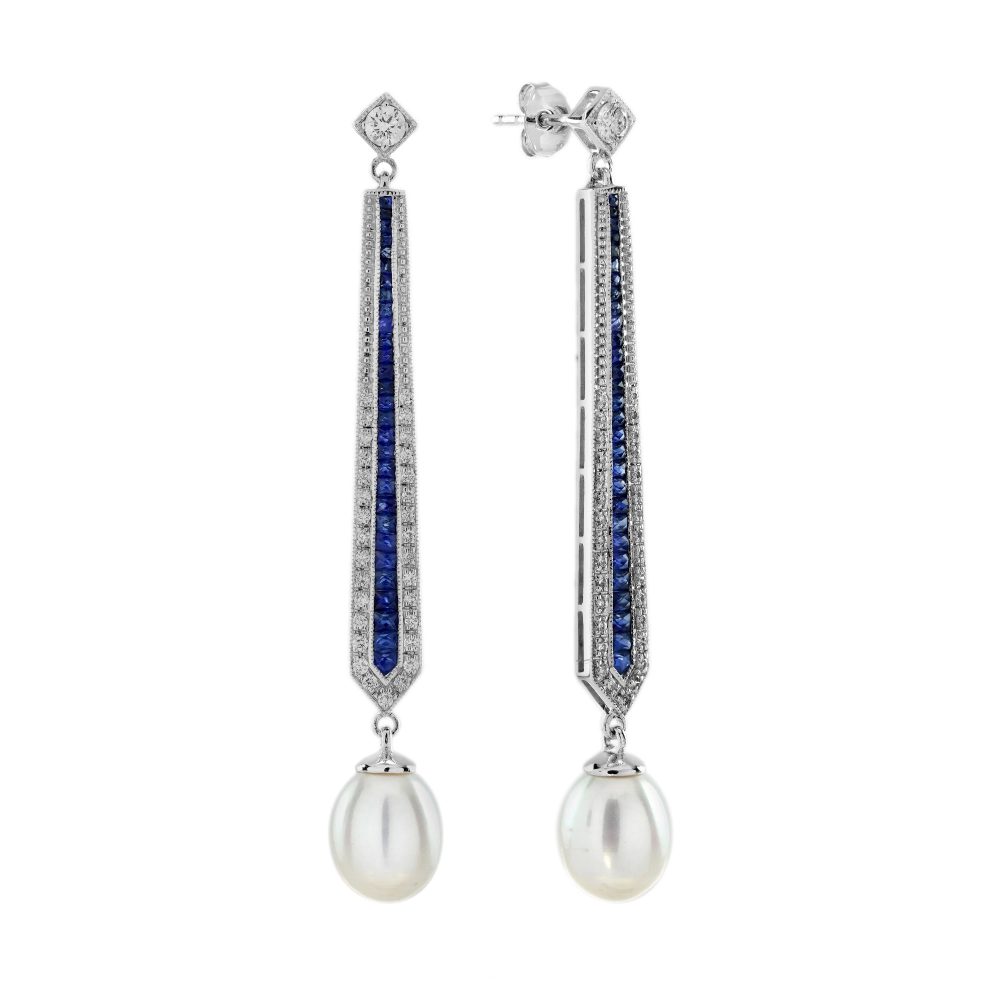 Pearl Diamond and Blue Sapphire Vintage Style Drop Earrings