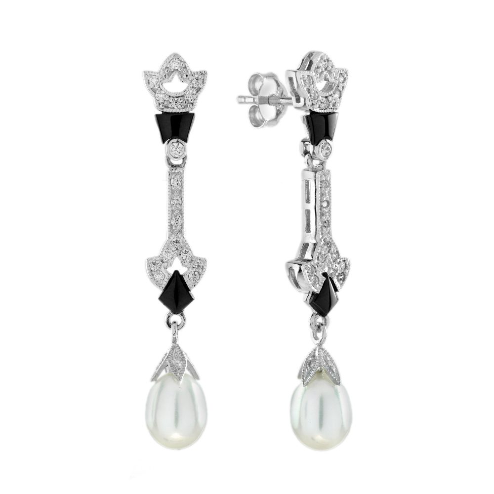 Pearl Black Onyx and Diamond Art Deco Style Drop Earrings