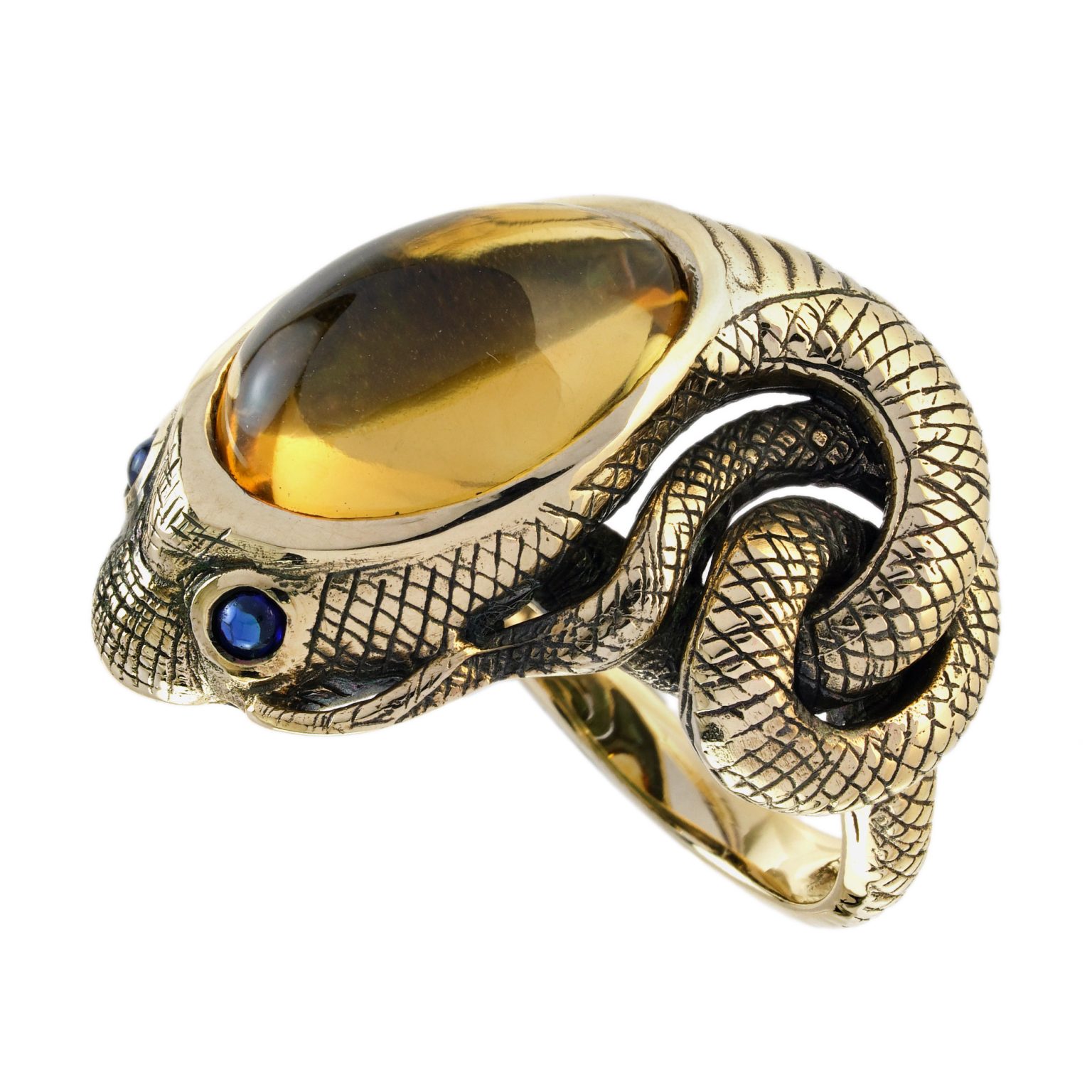 Cabochon Citrine and Blue Sapphire Antique Style Snake Ring