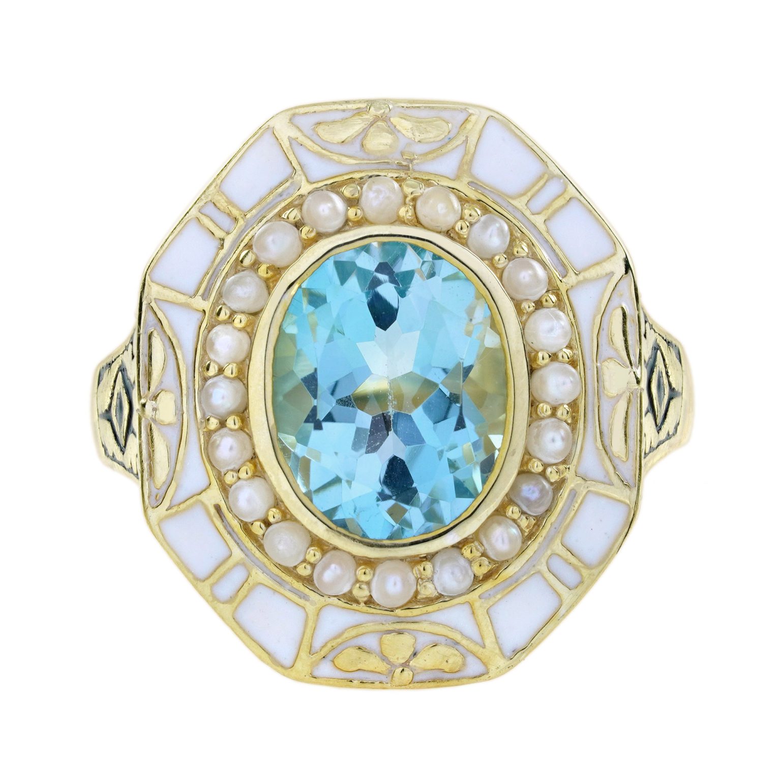 Blue Topaz Pearl and White Enamel Antique Style Cocktail Ring