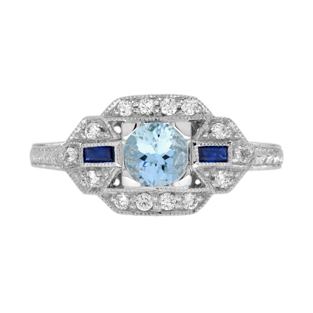 Aquamarine Sapphire Diamond White Art Deco Style Ring