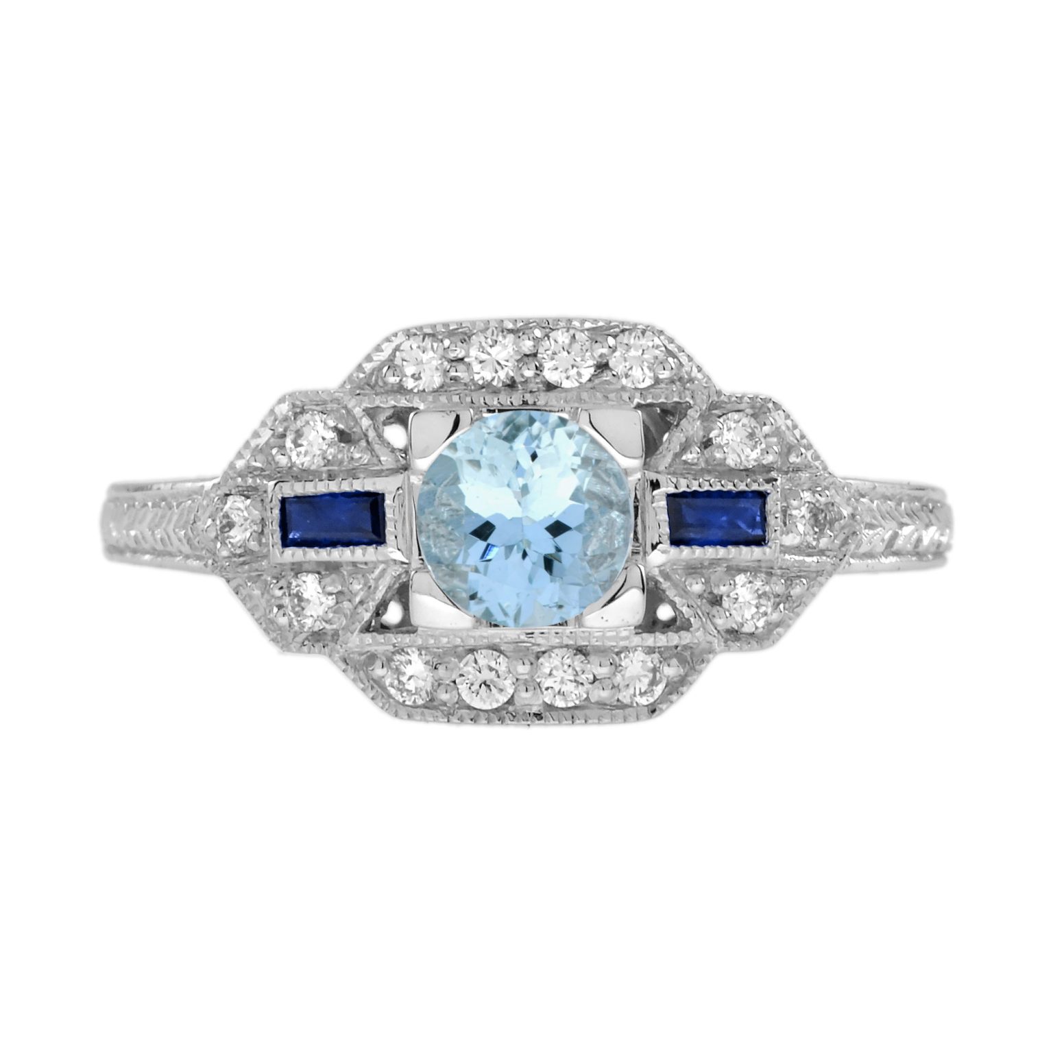 Aquamarine Sapphire Diamond White Art Deco Style Ring