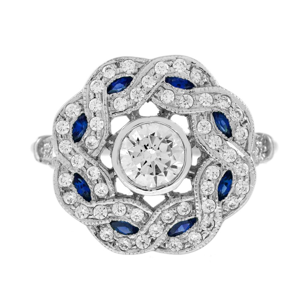 Diamond and Blue Sapphire Art Deco Style Curl Ring