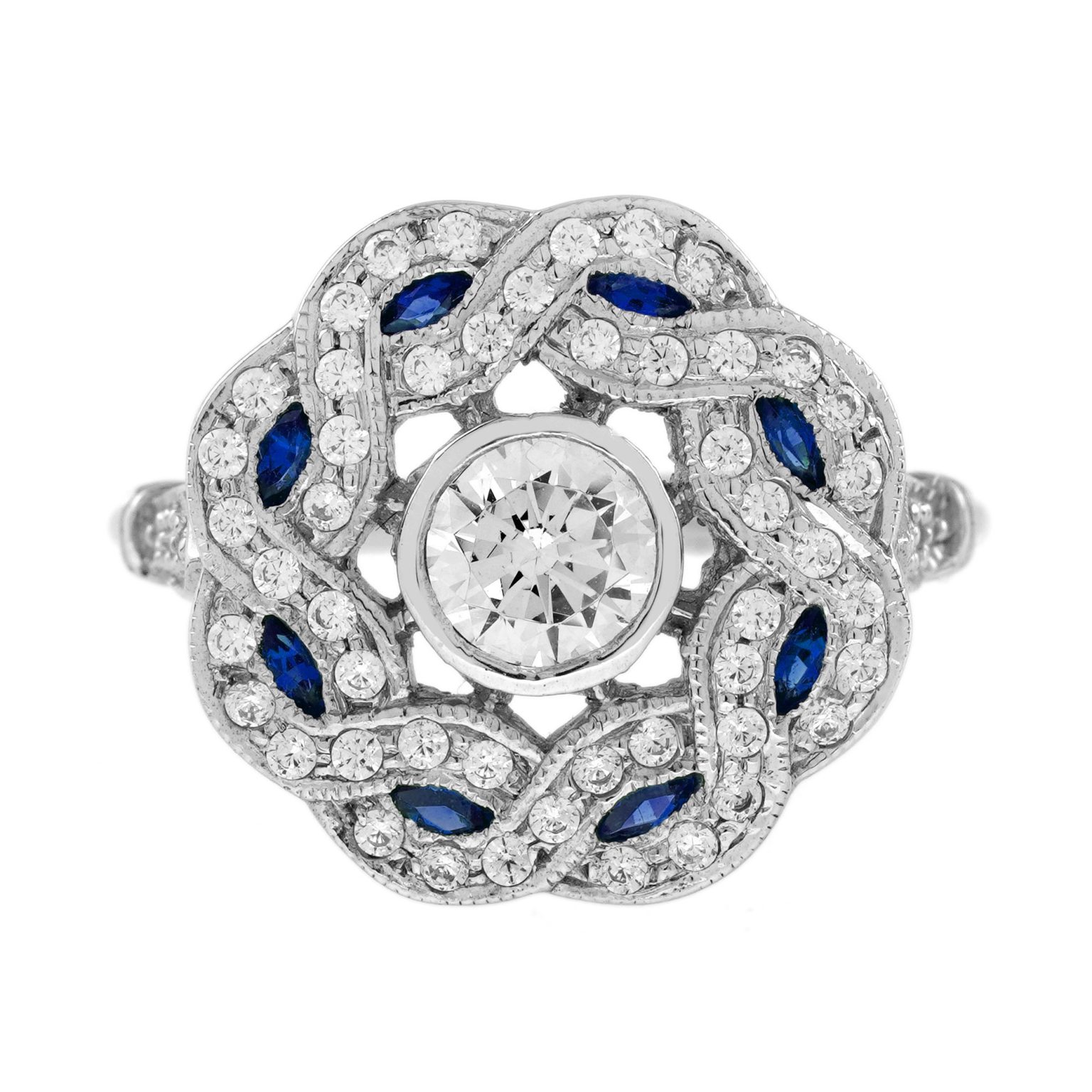 Diamond and Blue Sapphire Art Deco Style Curl Ring