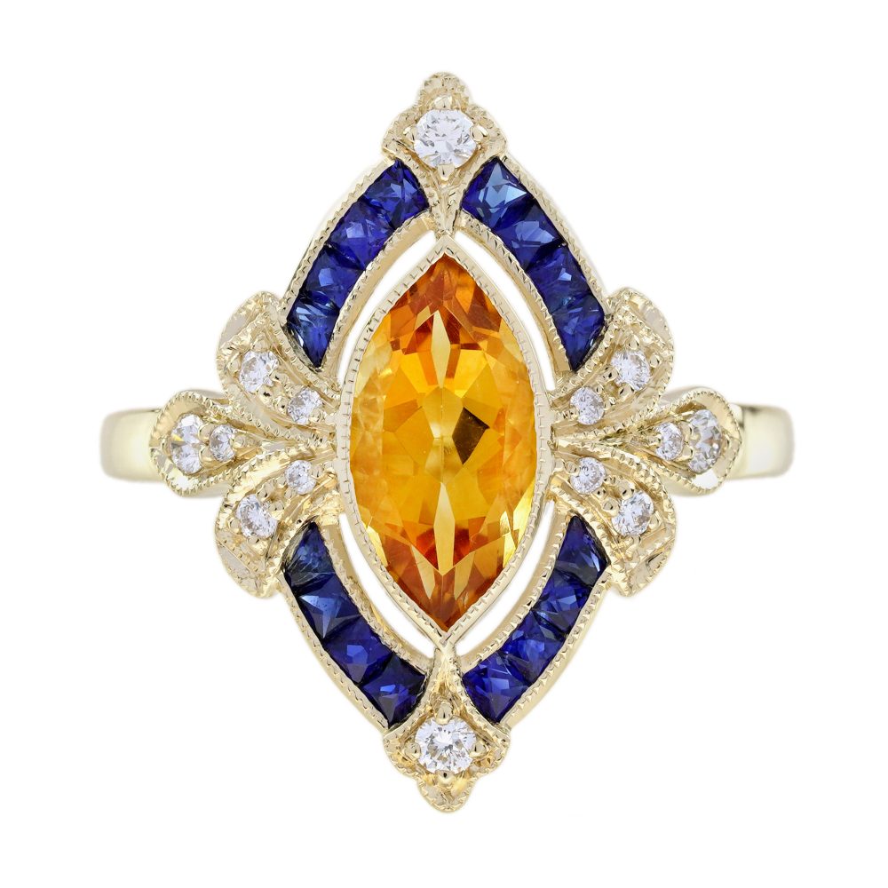 Marquise Citrine Sapphire Diamond Antique Style Cocktail Ring
