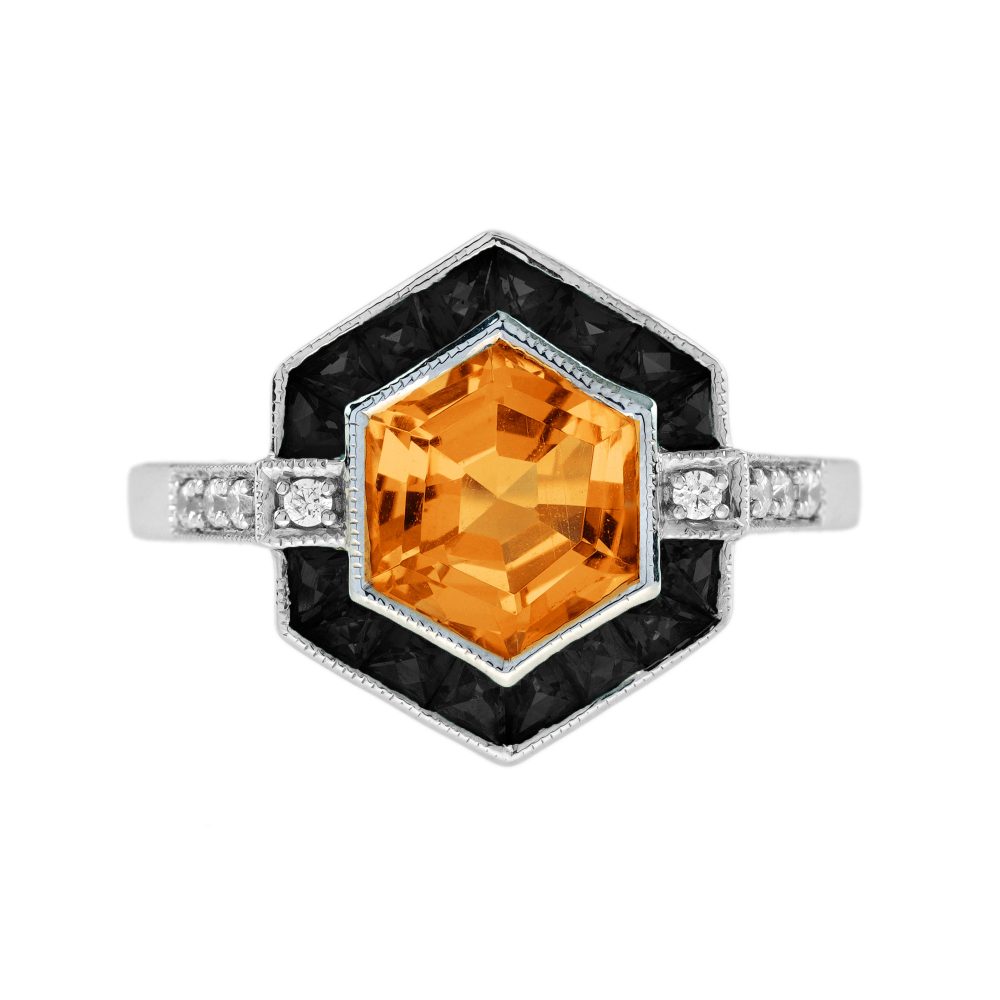 Citrine Onyx Diamond Art Deco Style Hexagon Ring