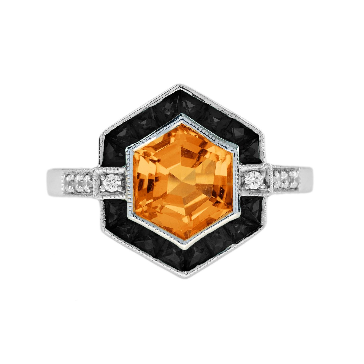 Citrine Onyx Diamond Art Deco Style Hexagon Ring
