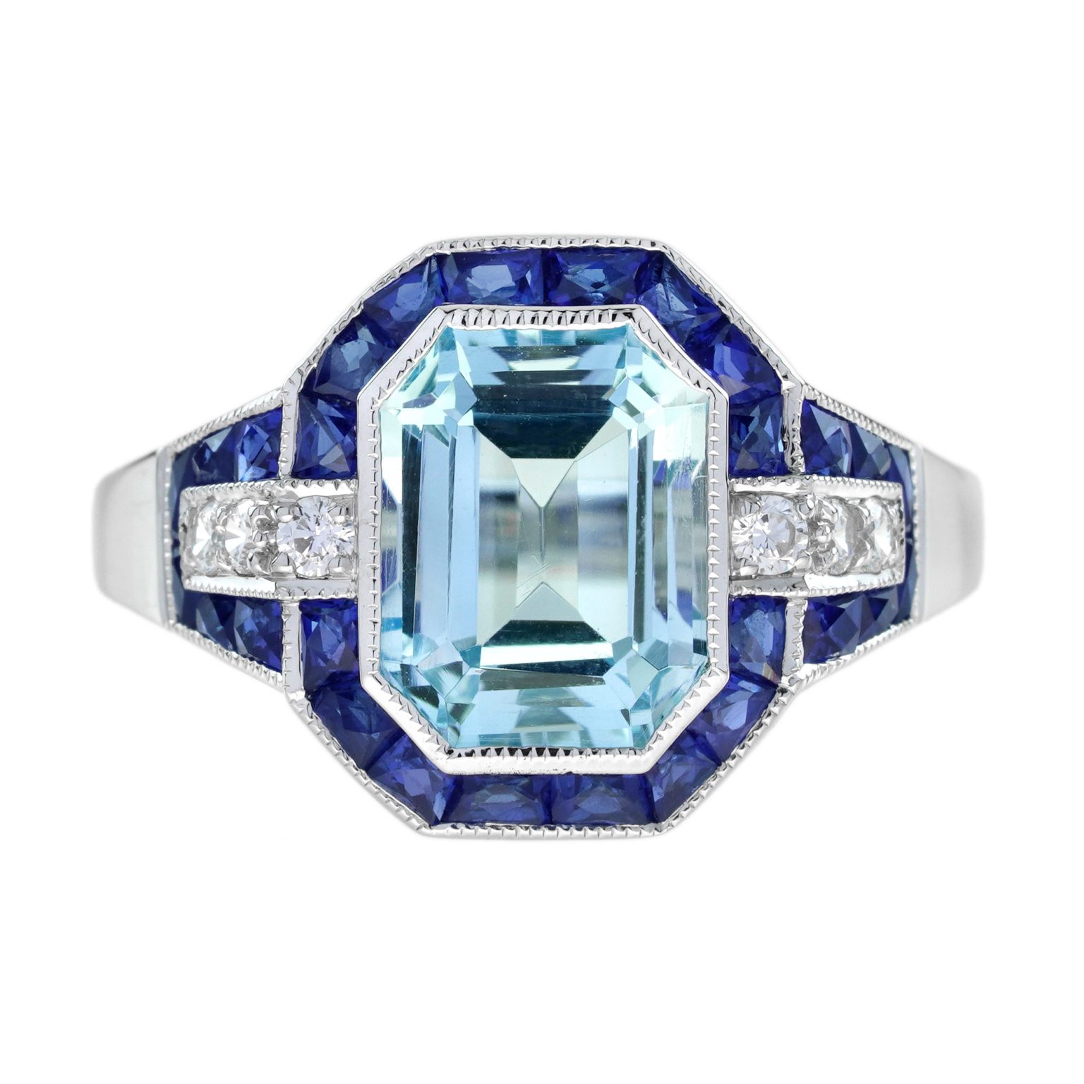 Emerald Cut Blue Topaz Sapphire Diamond Art Deco Style Ring