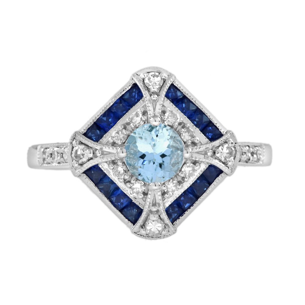 Aquamarine Blue Sapphire Diamond Art Deco Style Ring