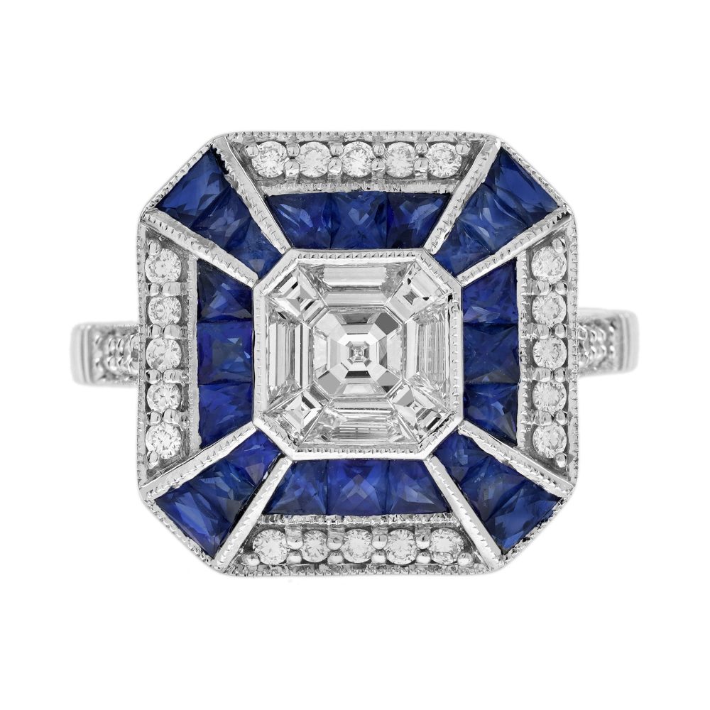 0.45 Ct. Diamond Illusion Set and Sapphire Art Deco Style Hexagon Ring