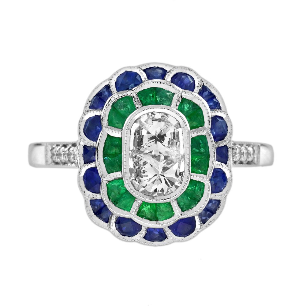 Double Diamond Emerald and Sapphire Vintage Style Floral Ring
