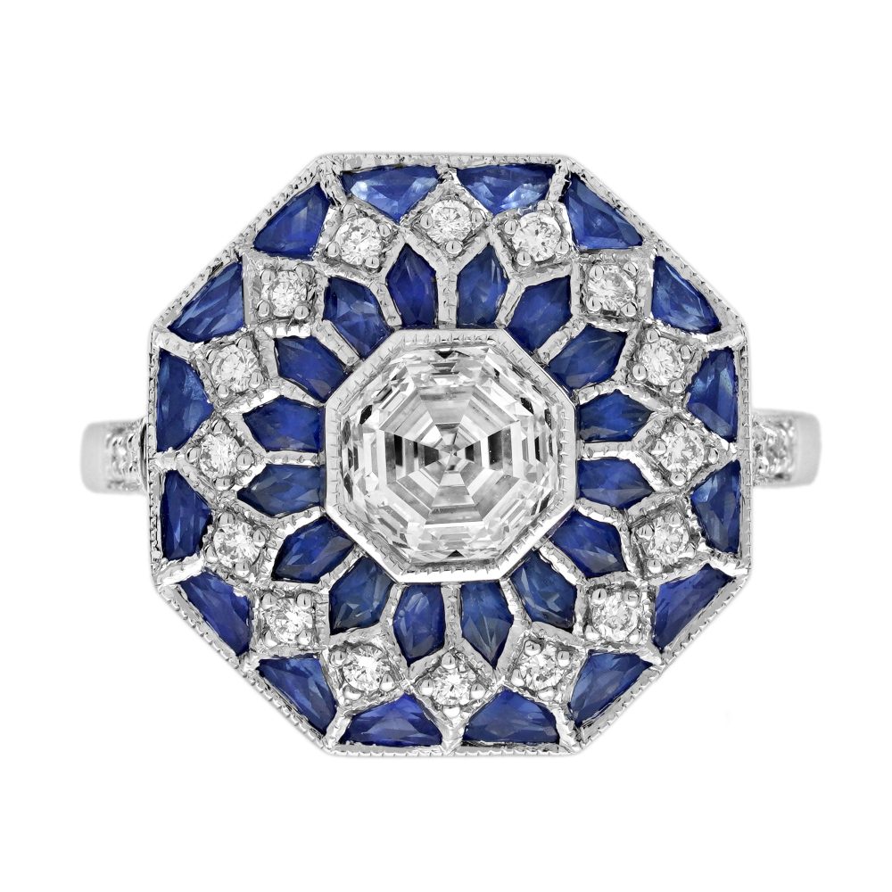 1.04 Ct. Diamond and Sapphire Art Deco Style Floral Ring