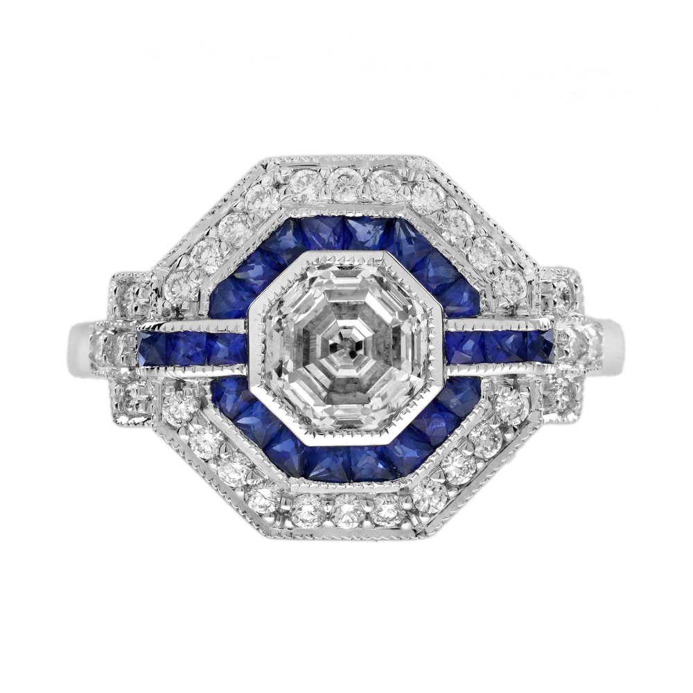 1.03 Ct. Diamond and French Cut Blue Sapphire Art Deco Style Halo Ring