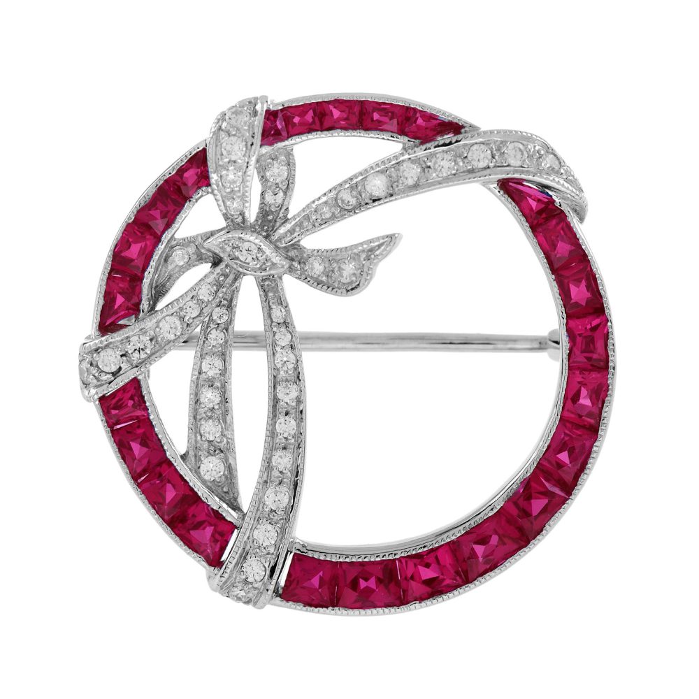 Diamond and Ruby Art Deco Style Circle Ribbon Brooch