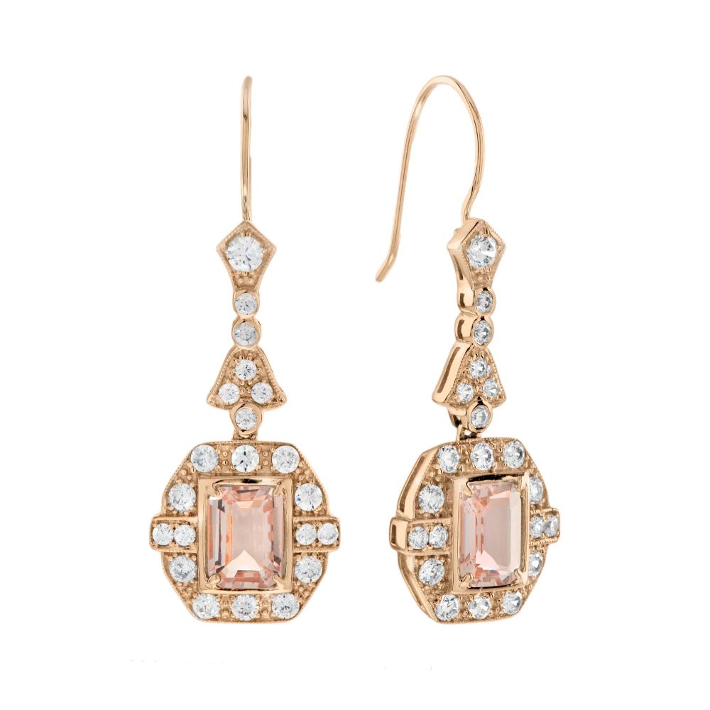 Morganite and Diamond Art Deco Style Drop Earrings