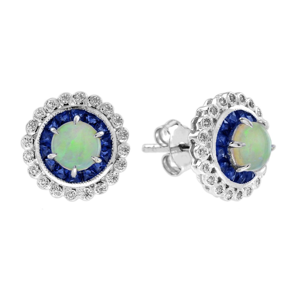 Opal Sapphire and Diamond Art Deco Style Stud Earrings
