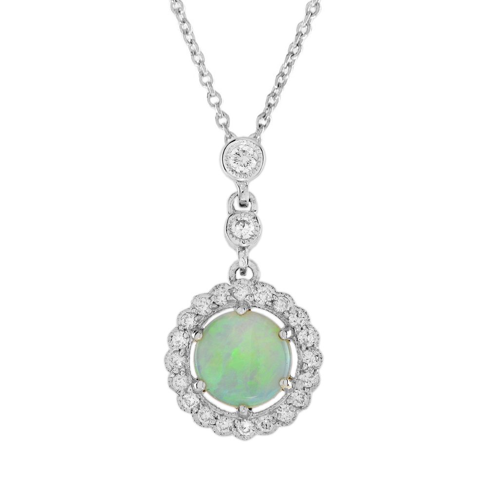 Opal and Diamond Halo Art Deco Style Necklace