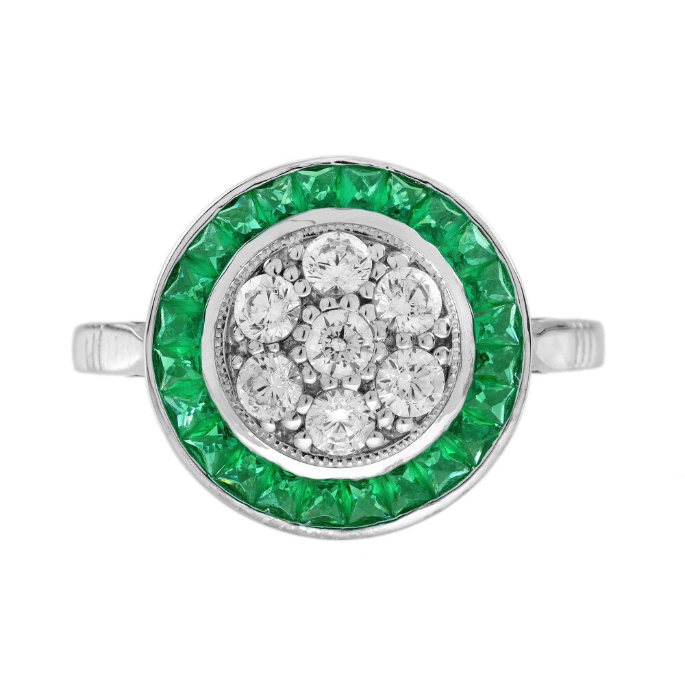 Diamond Cluster Emerald Art Deco Style Target Ring