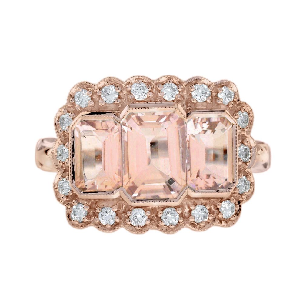 Morganite and Diamond Antique Style Three Stone Ring