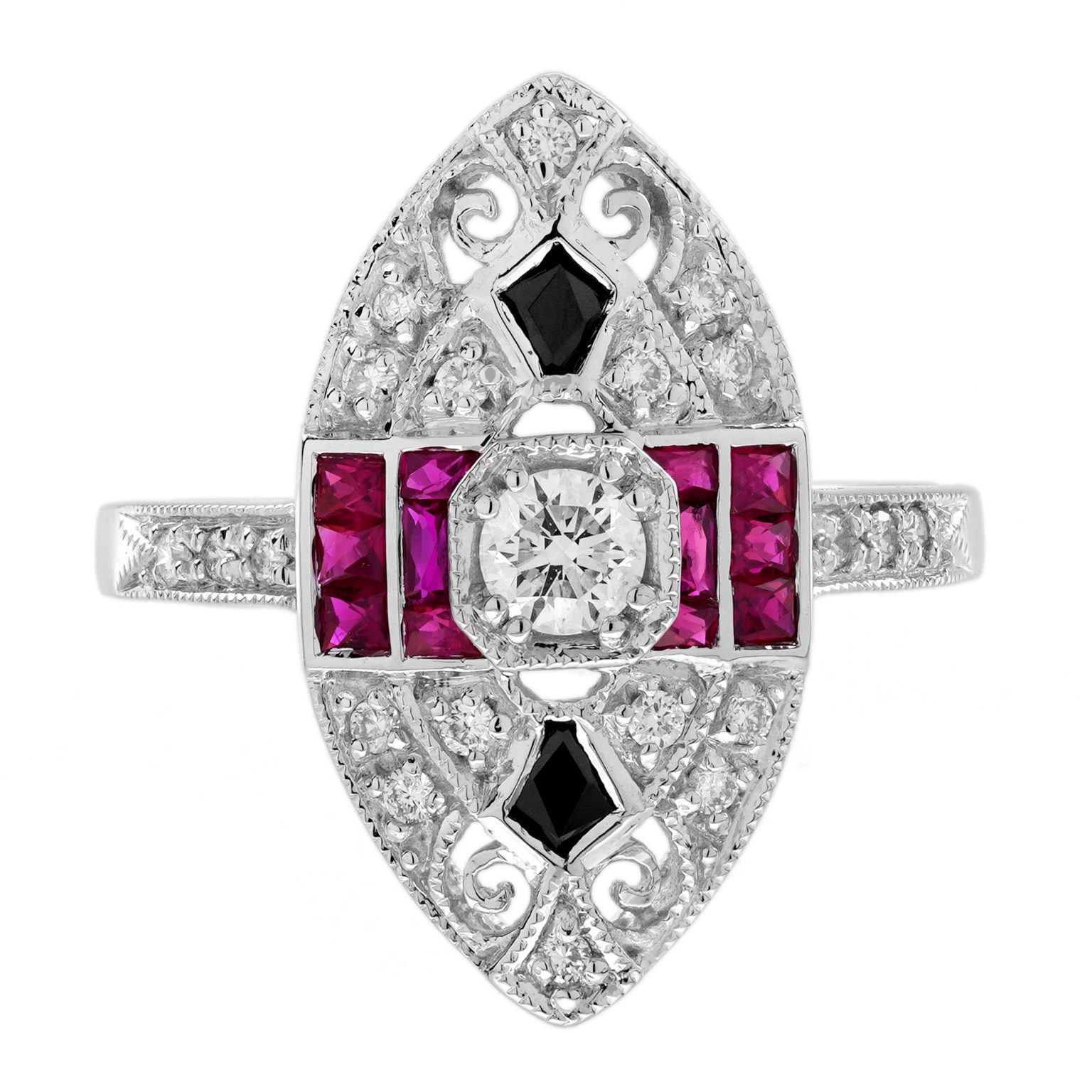 Diamond Ruby and Onyx Art Deco Style Marquise Shape Ring