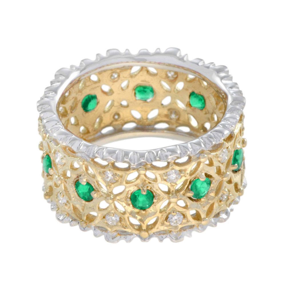 Emerald and Diamond Edwardian Style Wide Band Ring