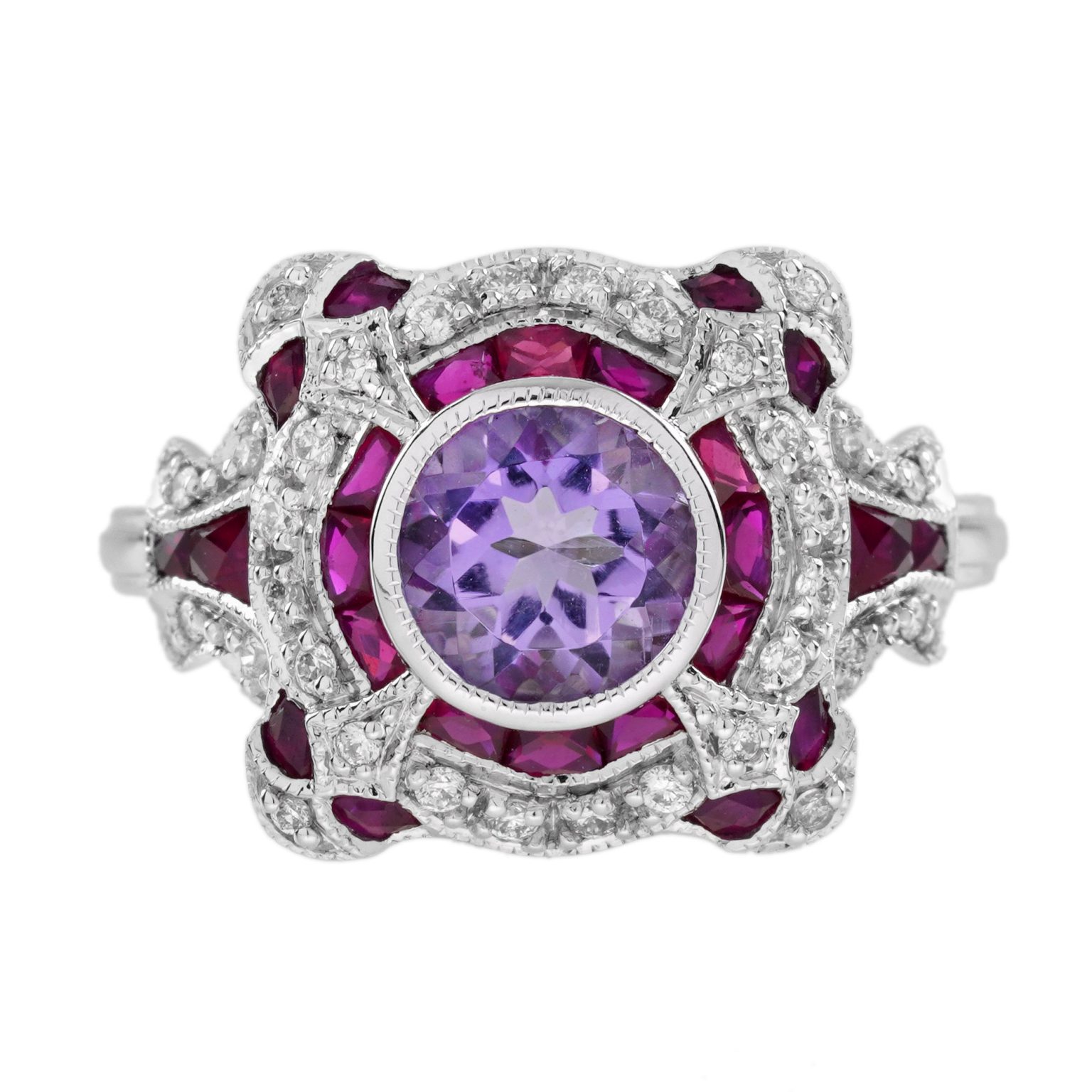 Pink Amethyst Ruby and Diamond Art Deco Style Engagement Ring