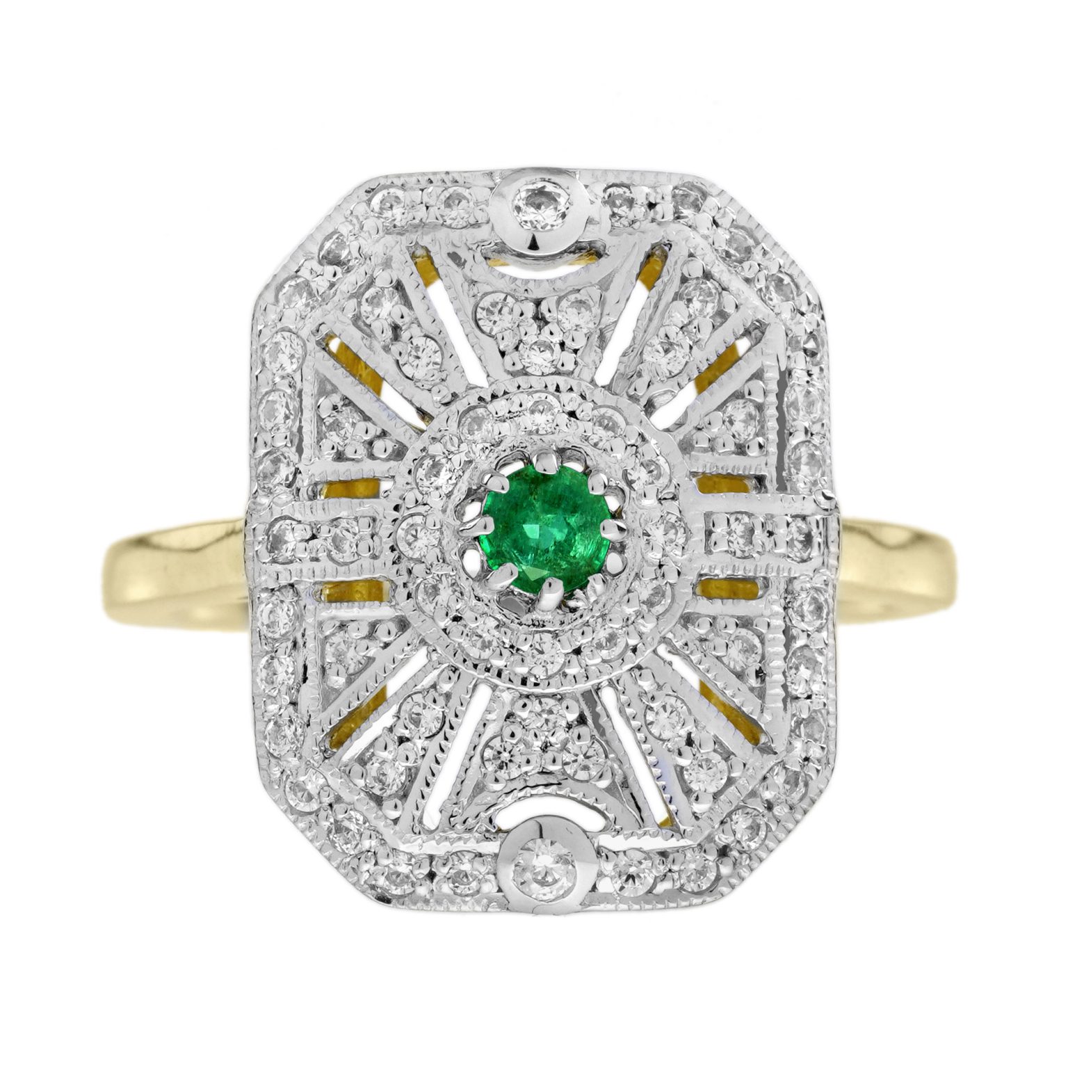 Emerald Diamond Edwardian Style Target Engagement Ring
