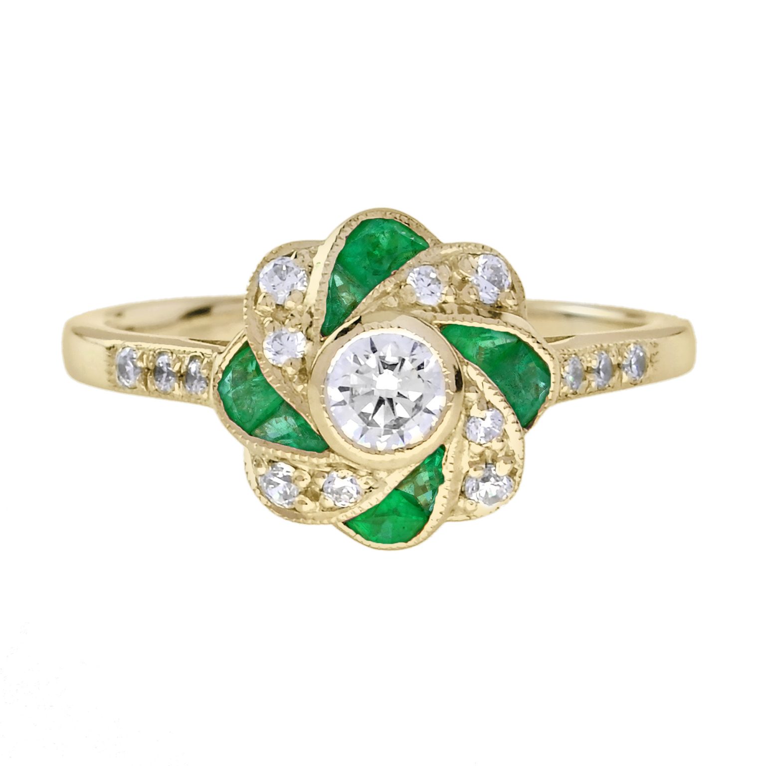 Diamond and Emerald Art Deco Style Floral Engagement Ring