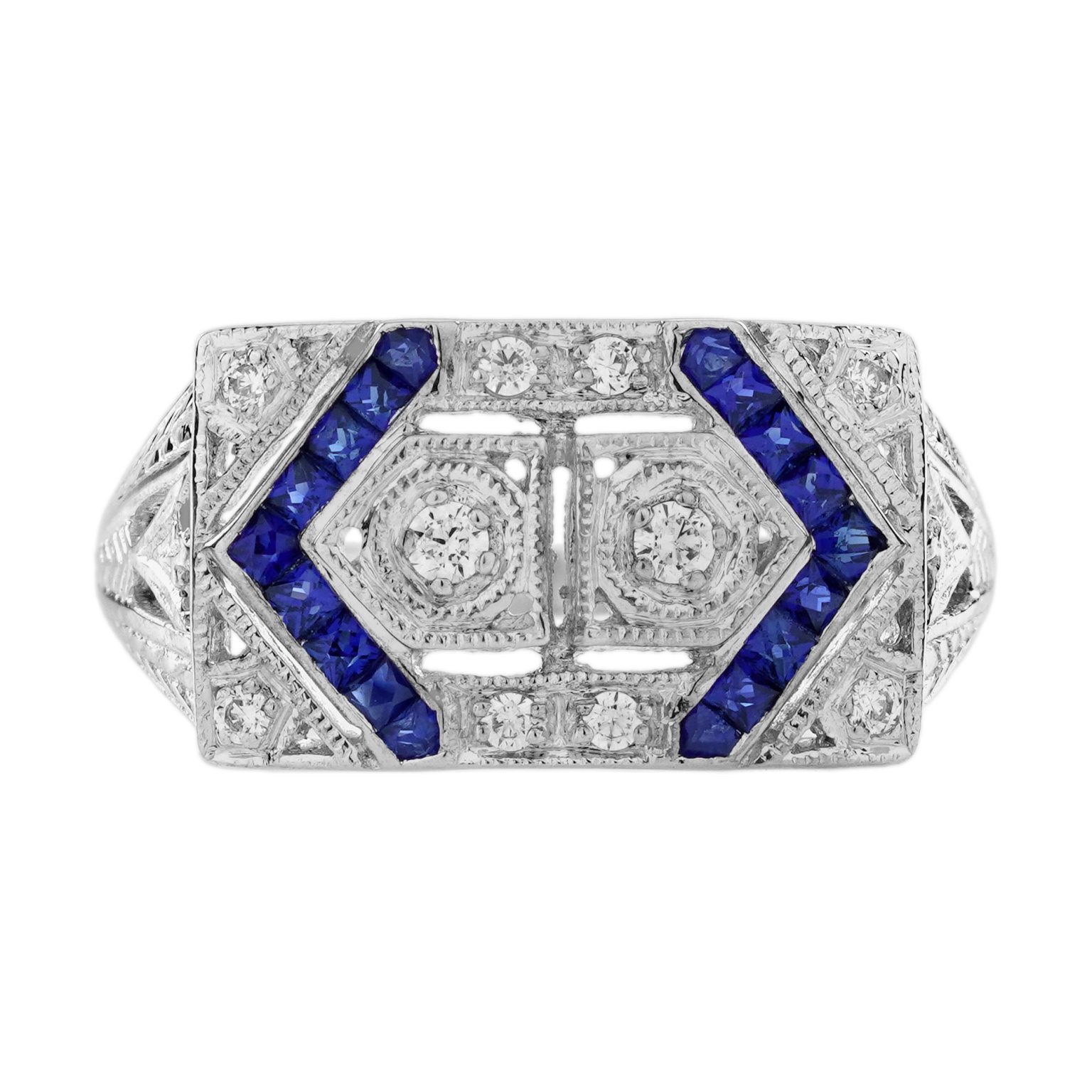 Diamond with Blue Sapphire Art Deco Style Two Stone Ring