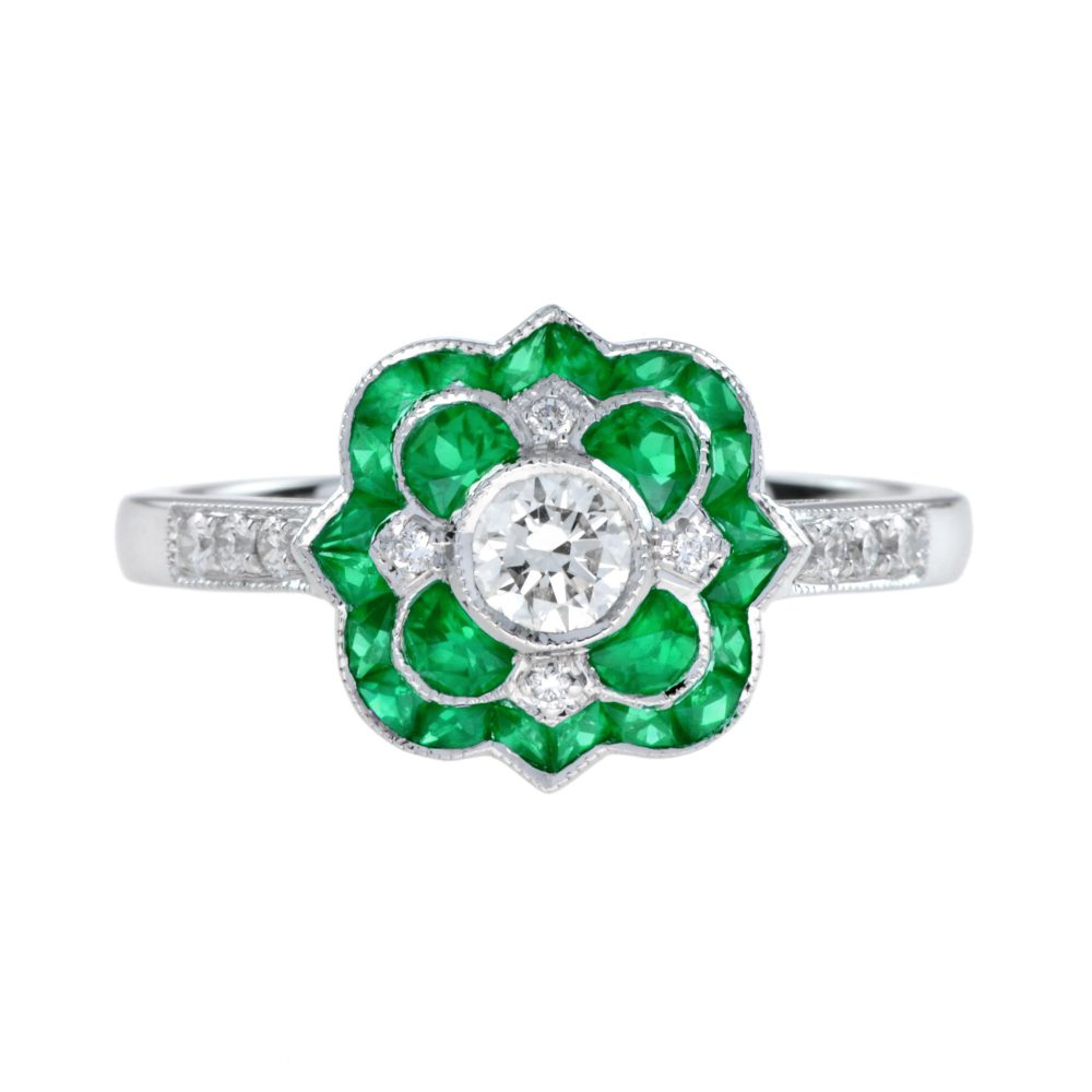 Diamond and Emerald Art Deco Style Floral Ring