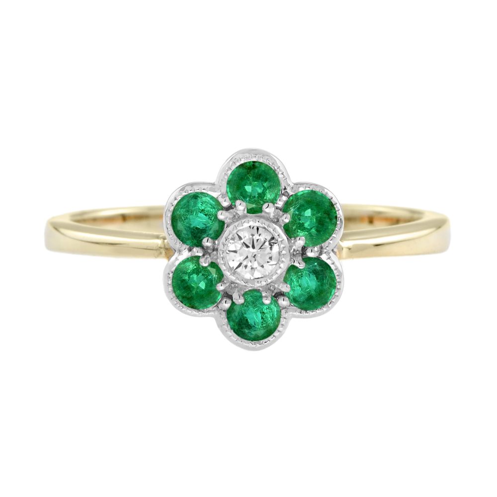 Diamond and Emerald Floral Cluster Ring