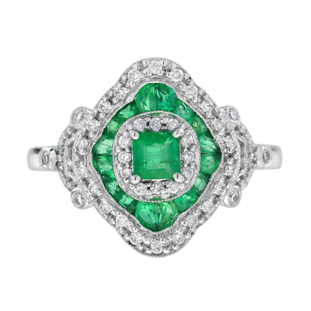 Emerald and Diamond Art Deco Style Engagement Ring