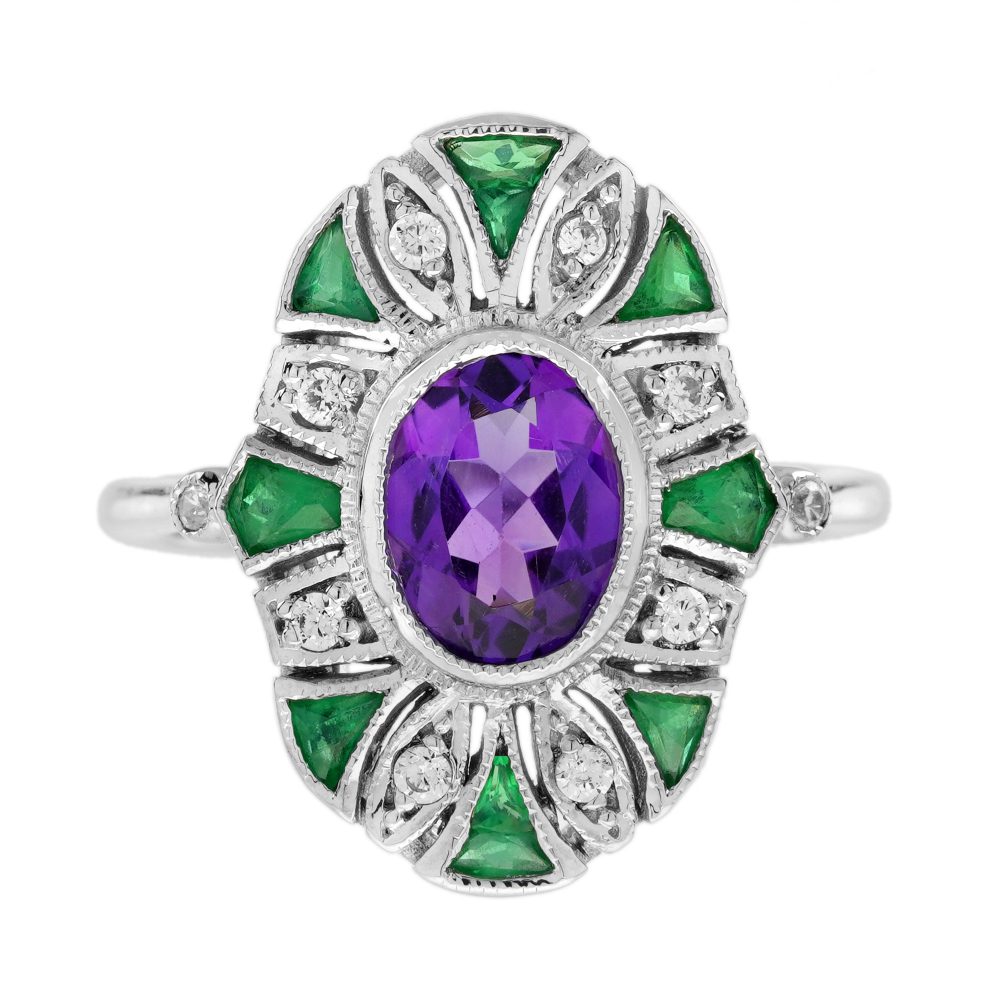 Amethyst Emerald and Diamond Art Deco Style Cocktail Ring