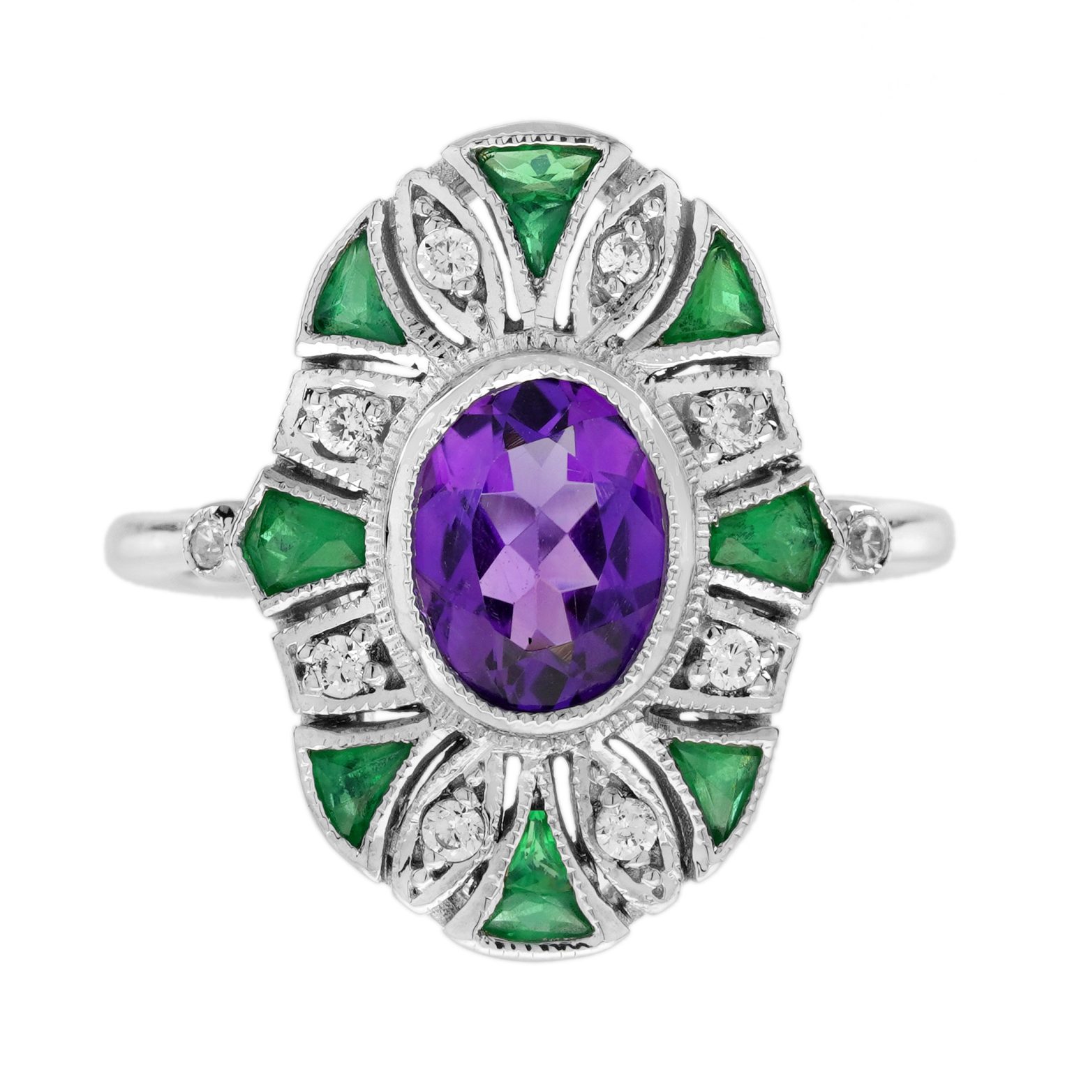 Amethyst Emerald and Diamond Art Deco Style Cocktail Ring