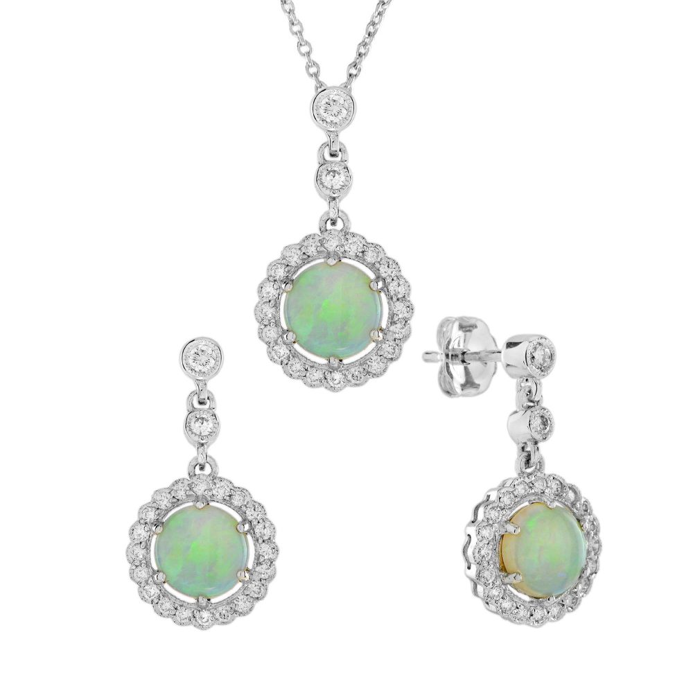 Opal and Diamond Halo Art Deco Style Pendant and Earrings Jewelry Set