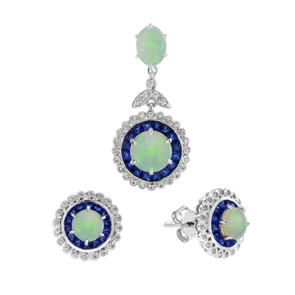 Opal Sapphire Diamond Art Deco Style Pendant and Stud Earrings Jewelry Set