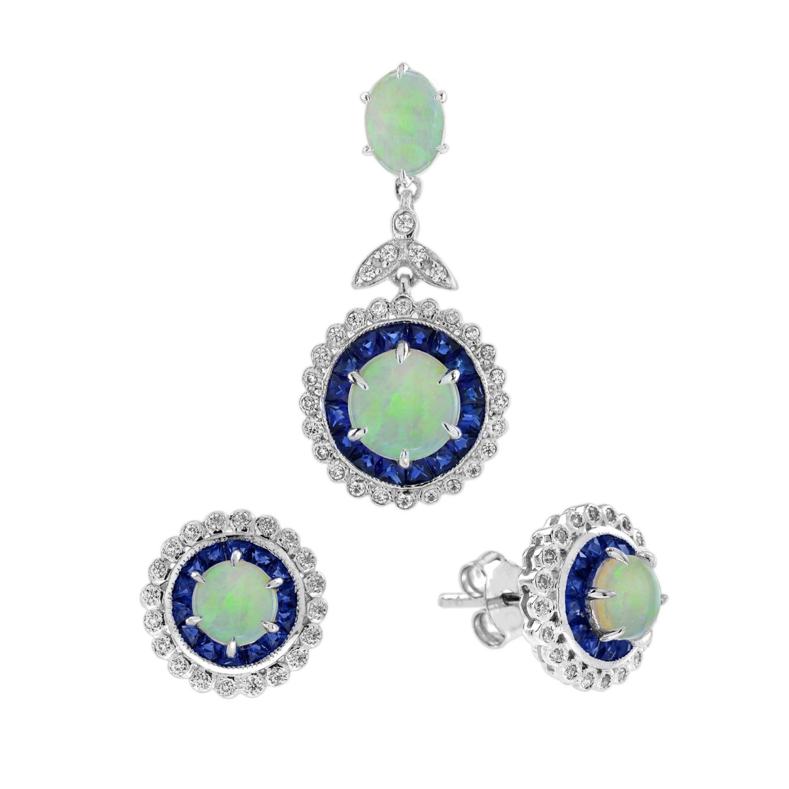 Opal Sapphire Diamond Art Deco Style Pendant and Stud Earrings Jewelry Set