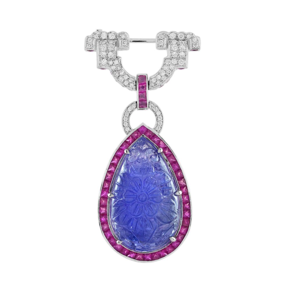 Carved Tanzanite Ruby and Diamond Art Deco Style Brooch